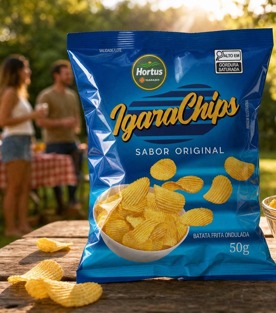 Pacote de Chips Hortus sabor Original em um parque ensolarado, ao lado de uma tigela de batata frita